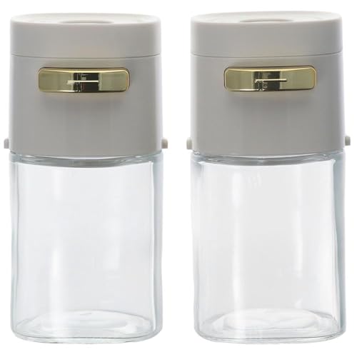 couponhub Press Sugar Dispenser, 2 Pcs Glass Bottle Salt Pepper Container Precise Quantitative Push Type, White Salt Shakers for Kitchen, Portable Measuring Seasoning Jars