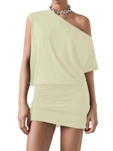 Image of SOLY HUX Women's Off The Shoulder Mini Dress Going Out Asymmetrical Neck Short Sleeve Casual Bodycon T Shirt Dresses