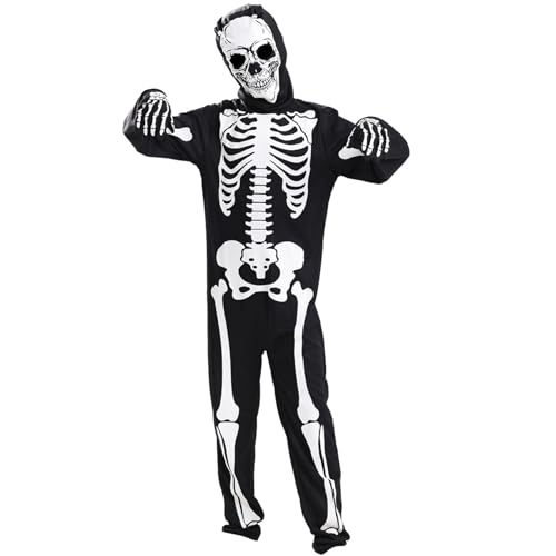 Disfraz de esqueleto para niños Glow en oscuro cuerpo completo Cuerpo largo Disfraz de esqueleto para niños pequeños con guantes Spooky Halloween Disfrazos para y niñas, XL