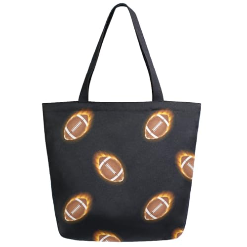 Extra Large Shoulder Grocery Tote Bag, Fire American Football Balls Black Canvas Durable Daily Handle Bag for Gym Weekender Picnic Yoga Beach Travel Kitchen Market Shopping
