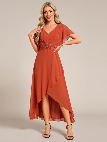 Image of Ever-Pretty Women's Formal Dress A Line V Neck Applique Waist Tea Length Wedding Guest Dress Burnt Orange US12