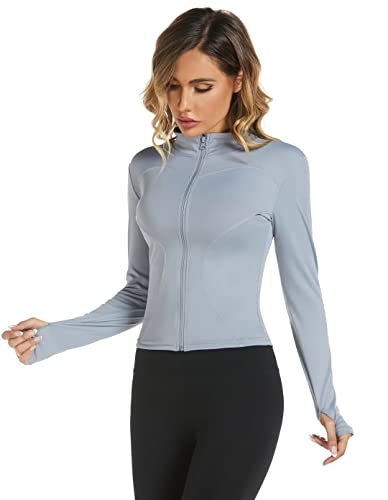Aolpioon Crop Top Zip Up Athletic Jackets For Womens Hiking Running Golf Tennis Outwear Long Sleeve Stretchy Tight Tops Blue L #TOP2