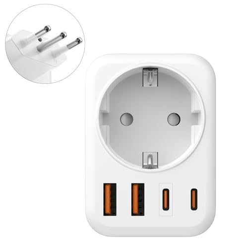 5 en 1 Adaptador de Enchufe Para Italia, Adaptador Italia Enchufe, con 1 CA, 2 USB-C y 2 USB-A (3,4 A), Enchufe de Viaje de 3 Clavijas Para Italia Para Chile, para Chile, Uruguay, Etiopía, Eritrea, En