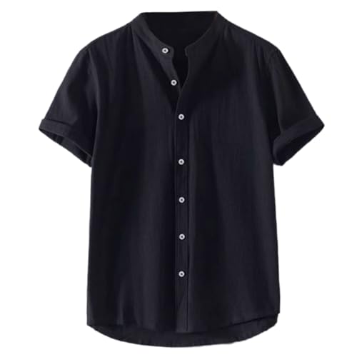 Camisa de lino para hombre, manga corta, camisa blanca, verano, monocolor, cuello alto, corte regular, camisa de lino, camisa ligera y aireada, camisa de ocio, tallas grandes, suelta, camisa de verano