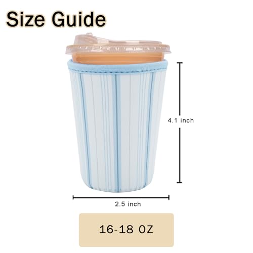 Image of Reusable Insulated Sleeve for Iced Coffee Cup, Coffee Neoprene Sleeve for Cold & Hot Drinks, Beverage Holder for Iced Coffee (Blue Lines, Small: 16-18oz)