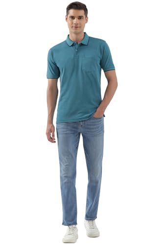 Image of Peter England Men's Premium Regular Fit Half Sleeve Polo T-Shirt with Pocket | Cotton Rich | Birds Eye Interlock Weave