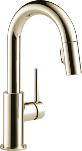 Image of Delta Trinsic Limited Swivel Polished Nickel Bar Sink Faucet Single Hole with Pull Down Sprayer, Modern Single Handle Prep Sink and Bar Faucet, Polished Nickel 9959-PNLS-DST