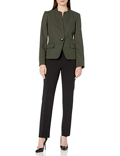 Le Suit Women's 1 Button Birdseye Jacquard Slim Pant Suit, Olive/Black, 12