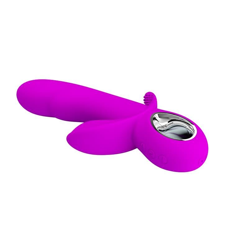 VIBRATORE VAGINALE IN SILICONE VIOLA CON DOPPIO STIMOLATORE CLITORIDE ANALE E ANELLO CROMATO RICARICABILE USB