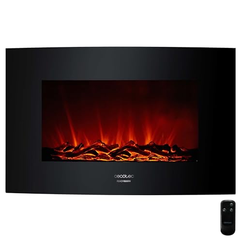 Cecotec Chimenea Eléctrica Decorativa 35” con Mando a Distancia Ready Warm 3510 Curved Flames. Máxima Potencia 2000W, 2 Intensidades, Panel Curvo de Cristal Templado, Llama Ajustable, Temporizador