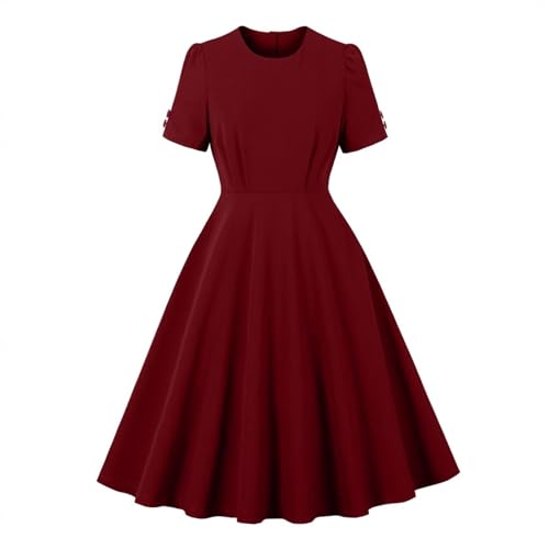 BeerMmay Vestido de verano para mujer con cuello redondo, ancho casual, manga corta, aspecto elegante, bolsillos de color liso y tira de botones retro