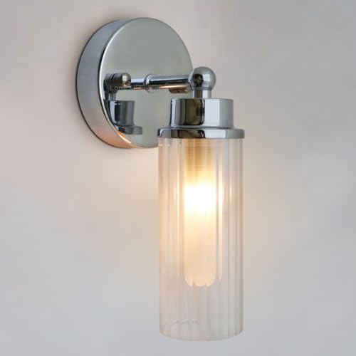 Long Life Lamp Company Ribbed Glass Bathroom Wall Light Polished Chrome Slim Side Mirror Lights IP44 H3136