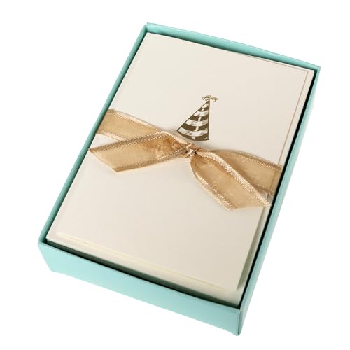 Image of Graphique Party Hat Birthday Cards, Pack of 10 Cards with Envelopes, Bday Greetings, Blank Inside, Gold Foil Embossing, La Petite Press Collection Boxed Set, 3.25 inch x 4.75 inch