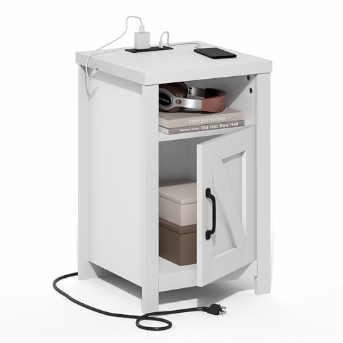 Furinno Farmhouse Nightstand with Charging Station, Bedside Table, Side Table, End Table with Door, USB Ports and Outlets, for Bedroom, Closet, Dorm, White - image 3