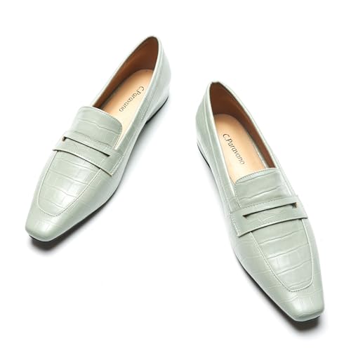 C.Paravano Penny Loafers for Women, Crocodile-Embossed Slip-ons Comfortable Dressy Formal Dress Square Toe Flats Loafer Shoes for Business Casual Wear 5.5 B-beige