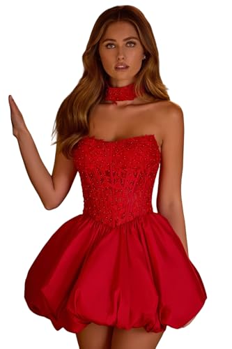 Strapless Lace Applique Homecoming Dresses for Teens Corset A Line Mini Bubble Cocktail Party Gowns