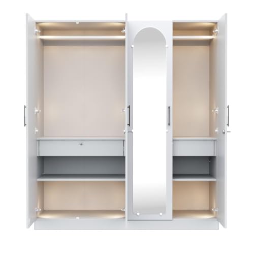 Image of Wakefit Tyrian Plus 4 Door with 4 Shelves 2 Drawers 2 Hanging Areas 1 Mirror SH3-Carcass: Frosty White,Shutter: White