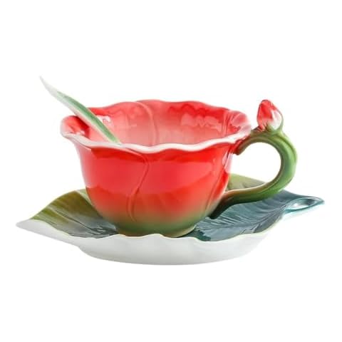 Beddinginn Ceramic Teacup and Saucer Set Red Color Rose Floral Design For Valentine's Day Mother's Day Thanksgiving Christmas Gift 6 Oz Cover