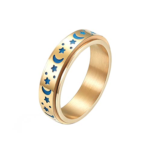JAJAFOOK Moon and Star Ring Stress Relieving Anxiety Ring Titanium Steel Spinner Rings Engagement Wedding Rings