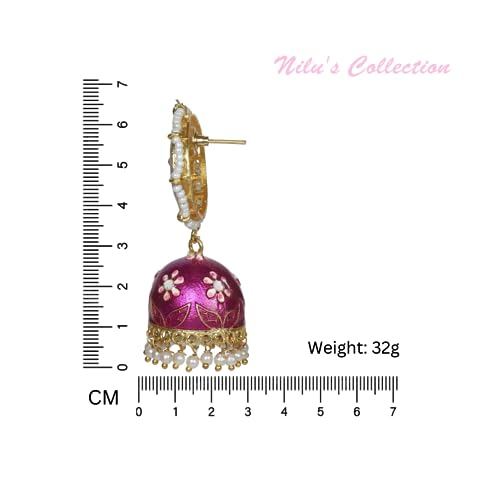 Image of Nilu's Collection Meenakari Dome Shape Jhumka Earrings with Lotus engraved and pearl Beaded Top