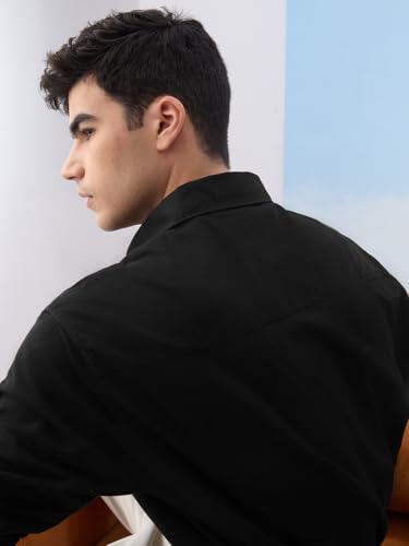 Image of The Souled Store Relaxed Shirt: Souled Original Men and Boys Long Sleeves Collared Neck Button Front Black Embroidered Relaxed Fit Cotton Linen Shirts