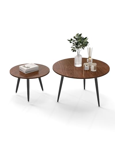 Amveya Table Basse Ronde Bois Gigogne, Table Basse Salon Ronde Bois, Meubles de Salon avec Coussins de Pieds en métal et Texture Anneau annuel