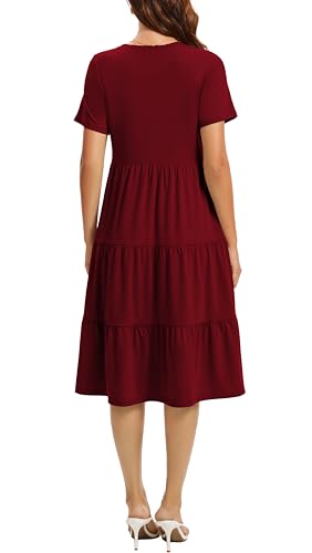 Image of Womens Summer Short Sleeve Crew Neck Midi Dress 2026 Casual Fit Flowy Tiered Beach Vacation Sundress with Pockets