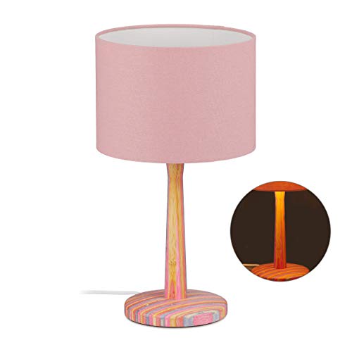 Preisvergleich Produktbild Relaxdays Tischlampe Kinder, gestreifter Holzfuß, Stoffschirm, E 14, Mädchen, Nachttischlampe, H x D: 42,5 x 24 cm, bunt