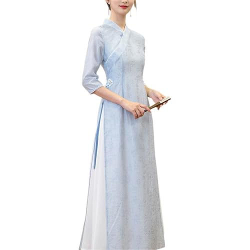AHUAN Mode 7-Minuten-ärmel Vietnam-Damenkleid Ao Dai Vietnamesisches Kleid, Chiffon Schlank V-Ausschnitt Qipao, Camping Cheongsam(XL)