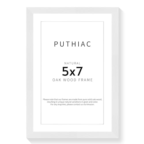 puthiac 5x7 Oak Wood Picture Frame - Minimalist 5x7 Picture Frame, 5"x7" Frame Wood, Natural Solid Wooden Picture Frames for Wall Art Photo and Prints(1 Pack, White)