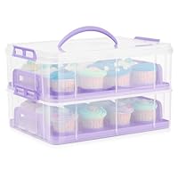 Flexzion Cupcake-Träger, Cupcake-Halter für 24 Cupcakes, tragbarer und wiederverwendbarer rechteckiger Kuchenträger mit Deckel und Griff, 2-stöckiger stapelbarer Schichteinsatz (Lila)