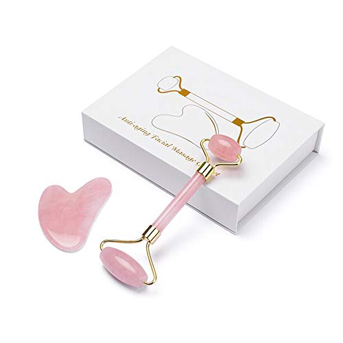 Andoer Conjunto de Rolo de Quartzo Rosa Massageador Facial Jade Natural Massagem de Emagrecimento Fa