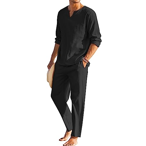 Geagodelia Herren-Set, 2-teilig, Baumwolle, Leinen, Henley-Hemd, V-Ausschnitt, Langarm, leichte Hose, für vier Jahreszeiten, Sommer-Pyjama, einfarbig, Schwarz , L