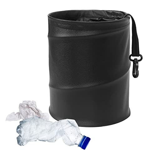 Image of Homelove Collapsible Pop Up PU Leather Trash Can, Portable Leak-Proof Waterproof Car Trash Bin, Multifunctional Organizer Trashcan Storage Bag with Hanging Elastic Strap Loop, Black
