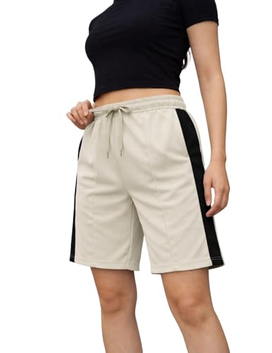 Image of Mack Jonney Women Cotton Knee Length Shorts | Soft Breathable Fabric | Elastic Waist with Drawstring | Side Stripe Casual Gym Workout Shorts for Women