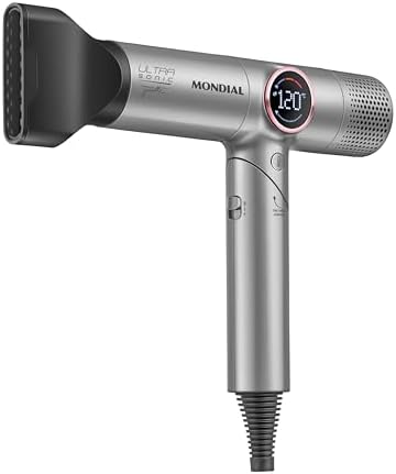 Secador Mondial Ultra Sonic cor cinza vista lateral com bocal concentrador