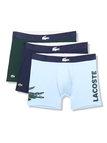 Lacoste Men's Cotton Stretch Big Croc Print Boxer Briefs, 3-Pack, Blue/Dark Green/Navy Blue, Medium