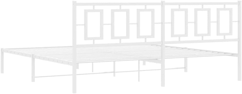 Full White Steel Bed Frame with Headboard, Durable Modern Platform Foundation, Sturdy Slatted Design, Easy Assembly, Nonslip Storage, Heavy-Duty Mattress Support for Bedroom