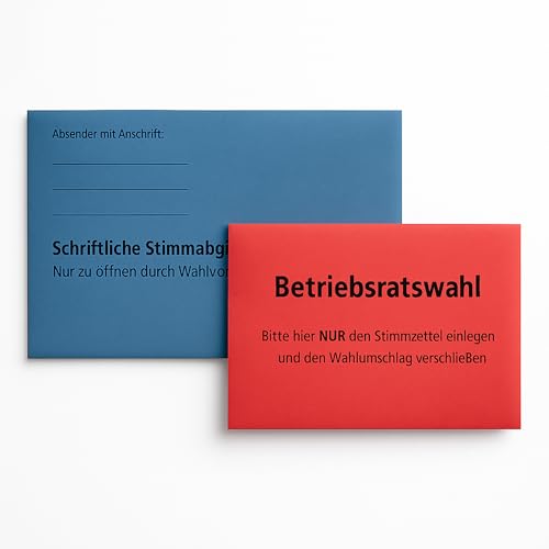 Betriebsratswahl Briefwahl Kombipaket – wahlweise: Stimmzettelumschläge C6 rot/blau + Rückumschläge B6 blau/rot, nassklebend – gesetzeskonform (C6 Rot + B6 Blau – Betriebsratswahl, 100 Stück)