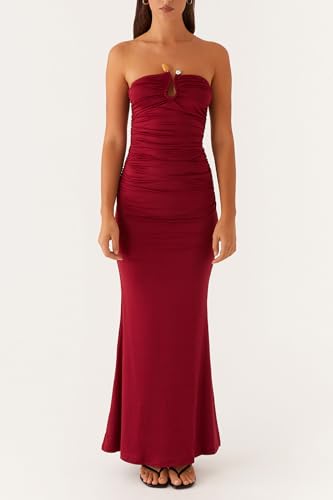 Image of Cut Out Maxi Tube Dresses for Women Sexy Y2k Strapless Backless Bodycon Long Dress Summer Sleeveless Hollow Sundress