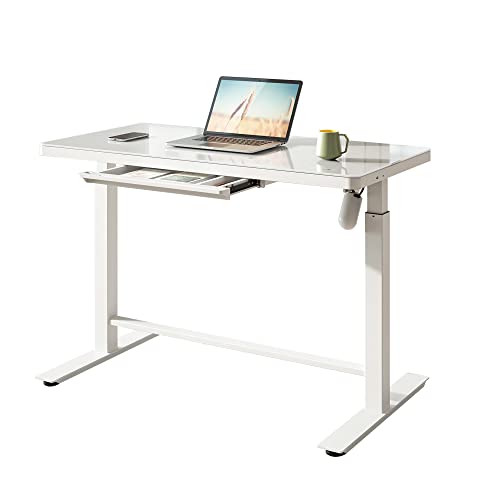 FEZIBO Bureau Assis Debout Électrique Verre avec Tiroir- 120*60 cm Verre Trempé Bureau Table Debout Réglable en Hauteur avec Système Anti-Collision, Verrouillage Enfant, Chargeurs USB et Type-C Blanc Cover