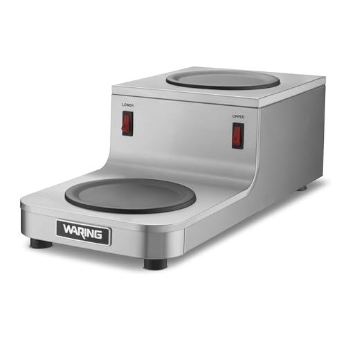 Image of Waring Commercial WCW20R Cafe Deco Double Coffee Carafe Warmer, Step Up Style, 120V, 5-15 Phase Plug | Double Step Up Burner, 70W Self-Regulating Heat Control, Stainless Steel Construction, NSF Certified for Restaurants & Cafes