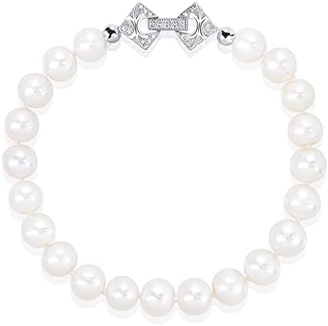 Pearlsays Natural Pearl Bracelets for Women 925 Sterling Silver Vintage Clasp Handpicked Real White Cultured Freshwater Round 7mm Pearl Strand Bracelet Handmade Birthstone June Charm Gifts 8in