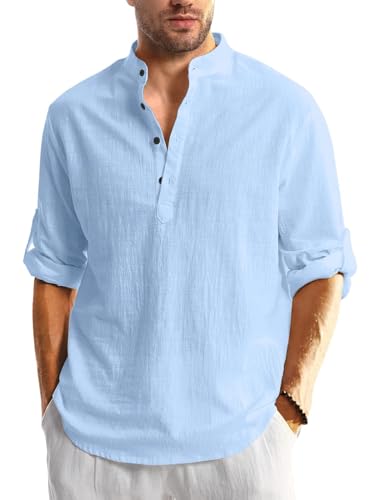 Image of Men's Cotton Blend Straight Kurta Shirt with Mandarin Collar - Slim Fit Casual Short Kurti Featuring Textured Slub Fabric and Roll-Up Full Sleeves