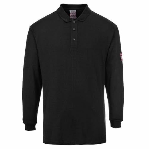 Portwest FR10 Men's Flame Resistant Anti-Static Long Sleeve Polo Shirt - Lightweight Fireproof Welding ESD FR Safety Workwear, Black, M
