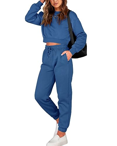 BTFBM Women 2 Piece Outfits Long Sleeve Crop Top Pullover Drawstring Pant Jogger Set Casual Sweatsuits Tracksuit Pockets(Lake Blue, Large)