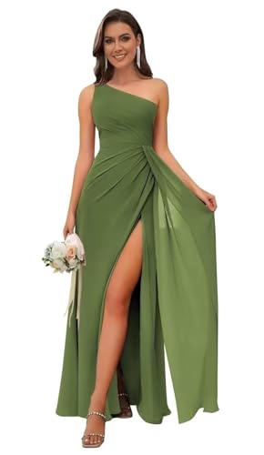 Image of Bolodoo One Shoulder Bridesmaid Dresses for Women Ruched Chiffon A Line Evening Formal Gown with Slit