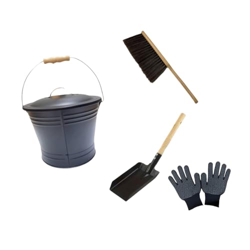 FQRDKT 灰バケツ 蓋付き鉄製灰バケツ ほうき ちりとり 手袋 金属製暖炉ツールセット 耐火構造 暖炉ストーブグリルに最適 インド