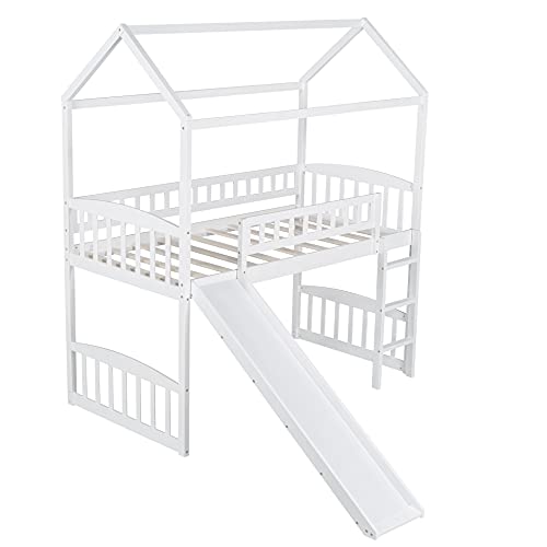 Merax House Loft Bunk Bed Frames with Slide No Box Spring Needed for Kids, Teens, Girls or Boys