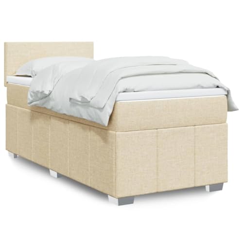 Sommier à lattes avec matelas et surmatelas intégrés 90x200 cm Crème Cadre de lit en tissu polyester, tête de lit réglable, matelas à ressorts ensachés...